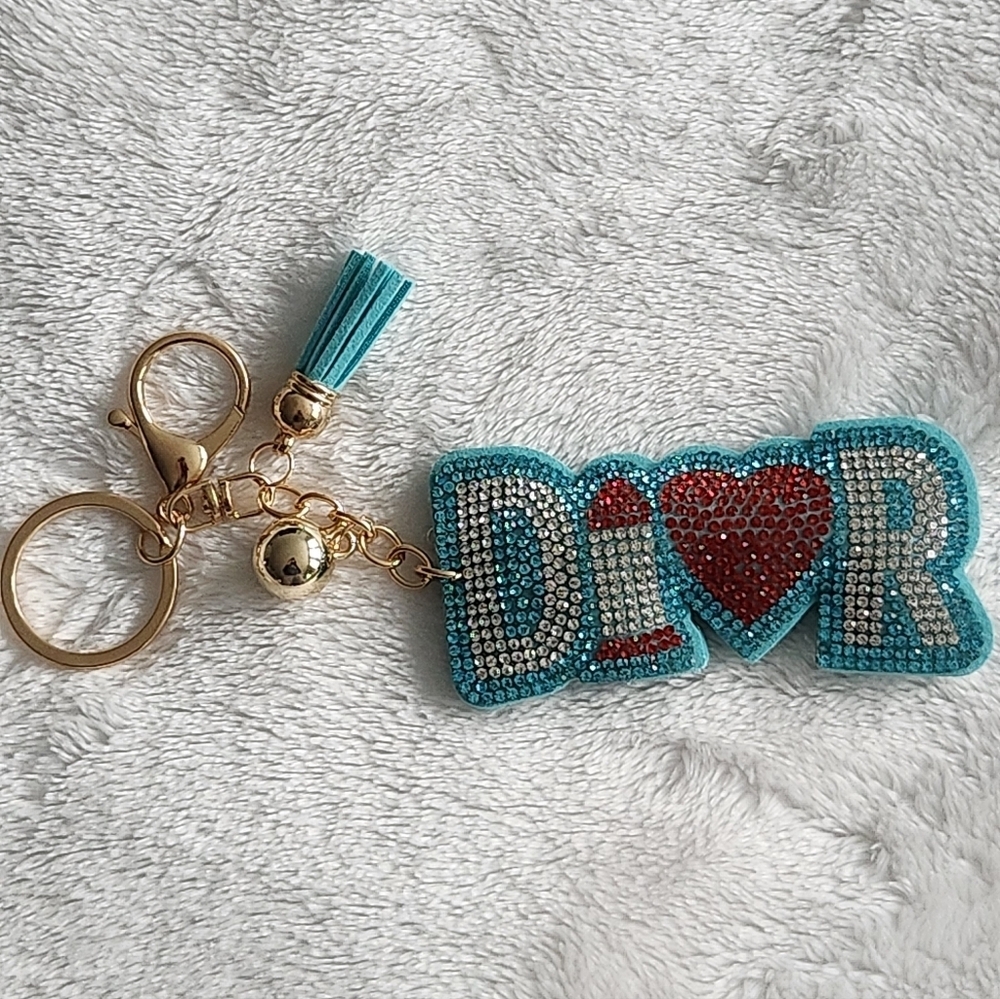 Designer Inspired Blue, White, and Red Rhinestone Keychain Bag Charm